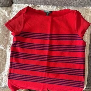 Ralph Lauren Red Short Sleeve Top with Navy Stripes
